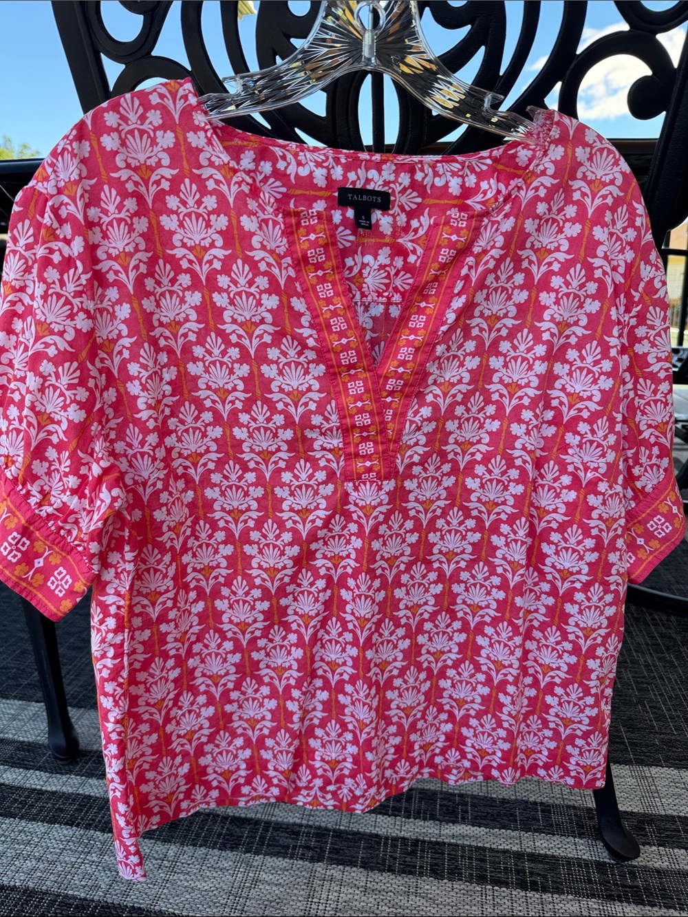 Talbots Pink & White Printed Short-Sleeve Tunic with Trim